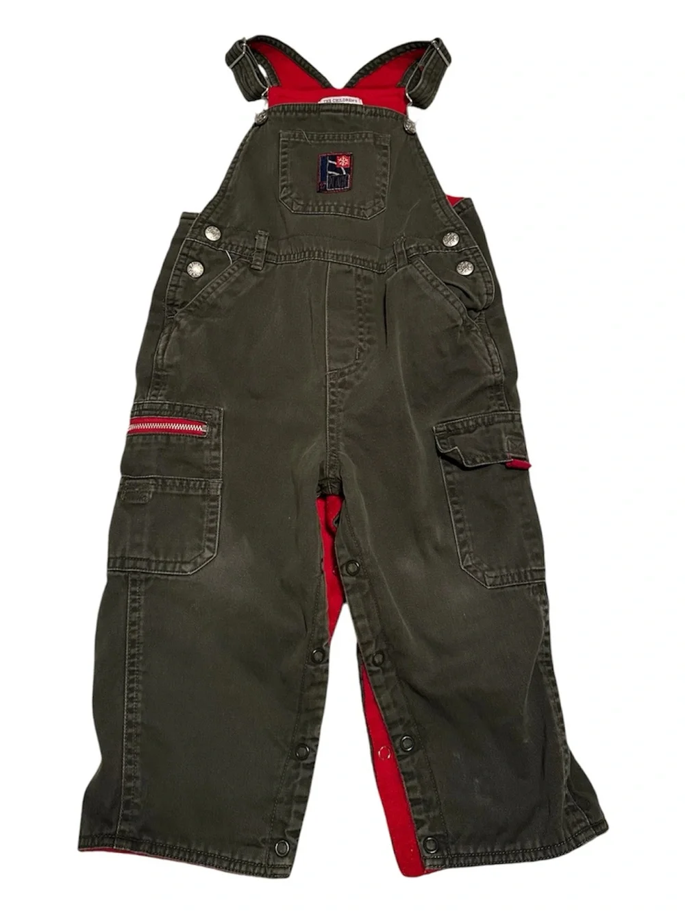 Children’s Place Olive Green Overalls with Red Fleece Lining- Size 2T/24M